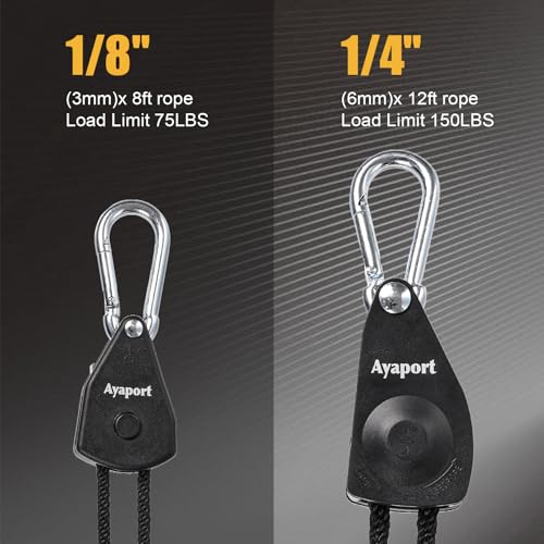 Ayaport Adjustable Rope Hanger, 1/8 Grow Light Hanger, 4 Pack | Heavy Duty Plant Pulley Rope Tightener Ratchet Tie Down for Kayak, Tarp, Tent Tie Downs, Hanging Plants, Filters, Fans